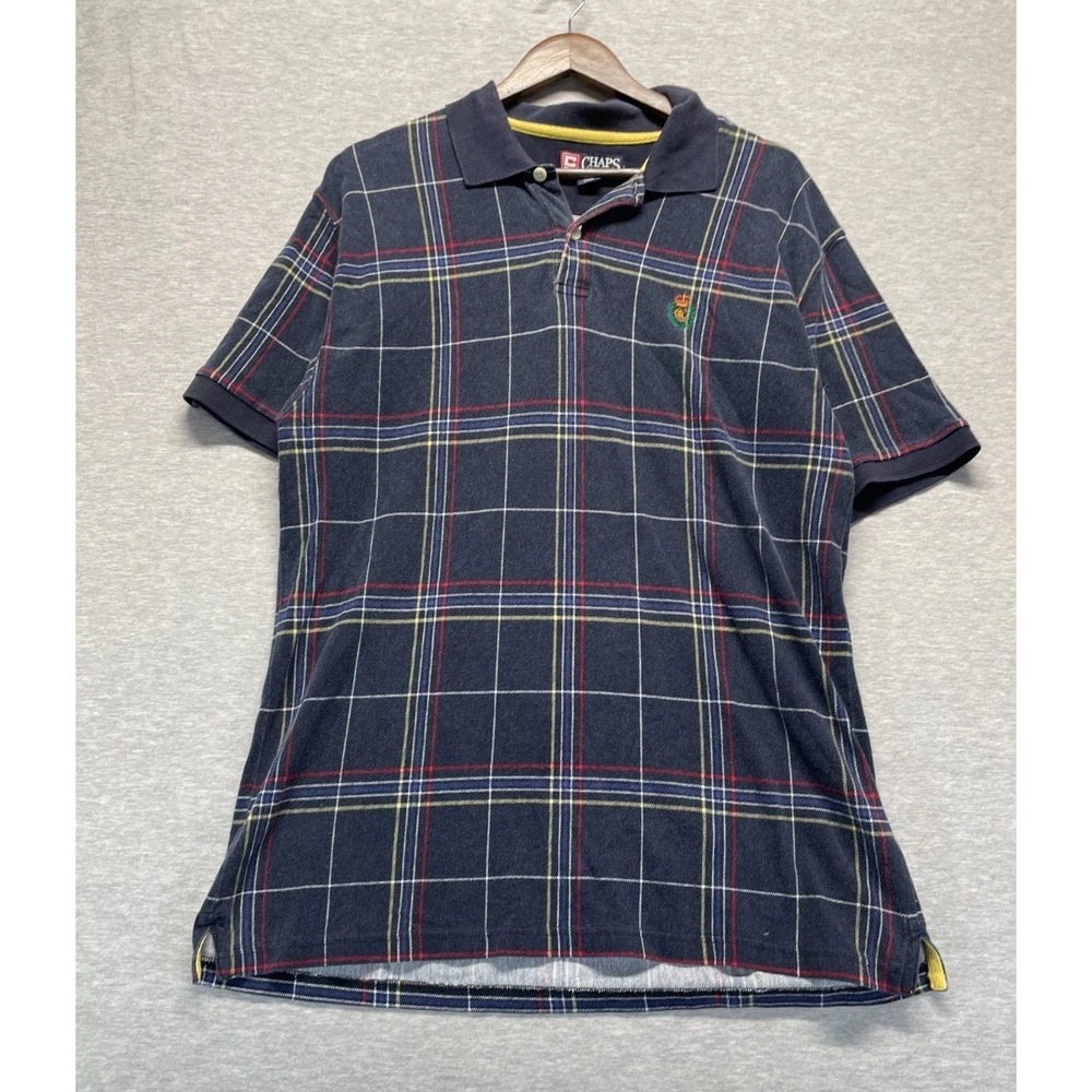 Vintage Chaps Ralph Lauren Polo Shirt Mens XL Navy Plaid Performance Side Slit